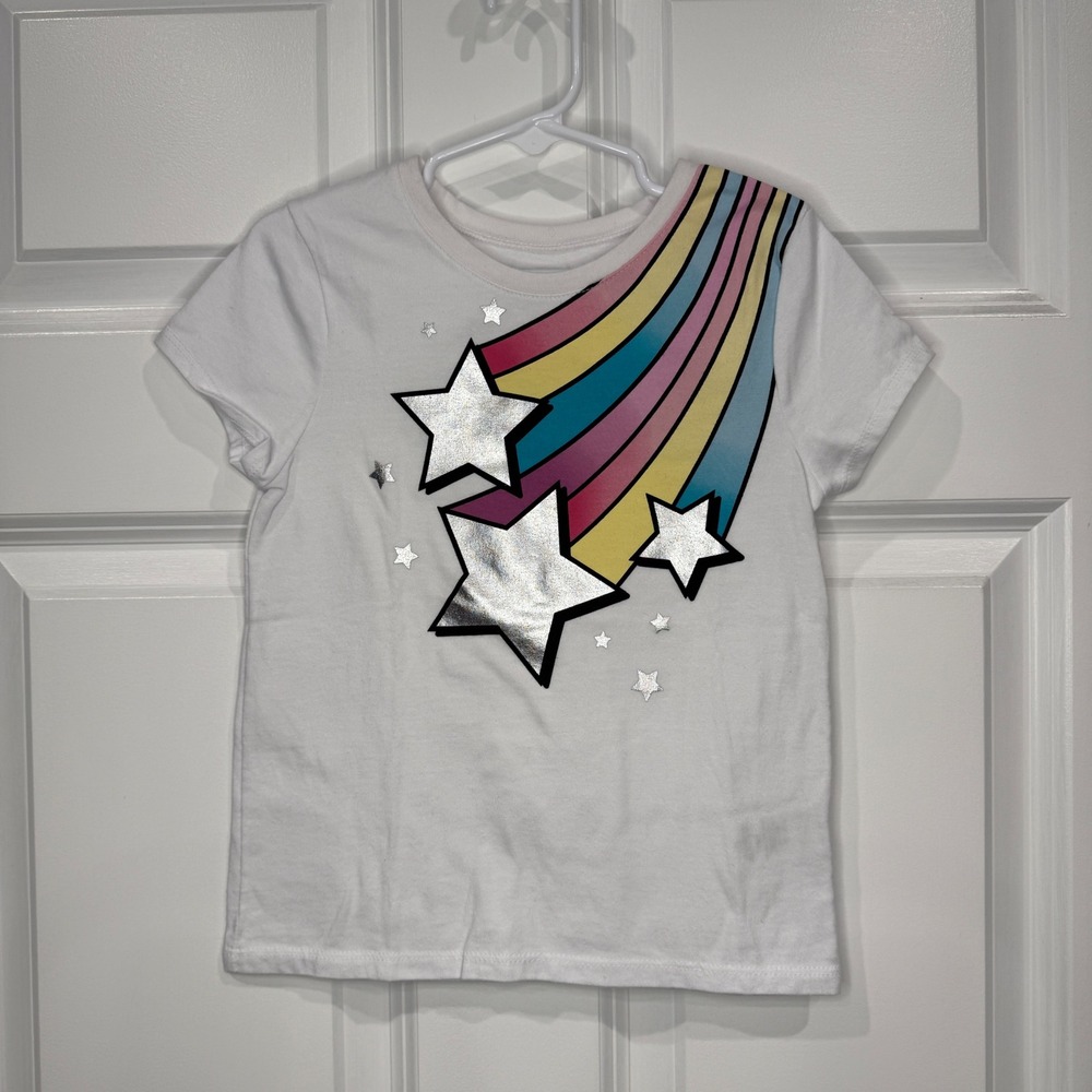 Garanimals Girls White Rainbow Shooting Star Metallic Graphic‎ Tee Shirt Size 5T